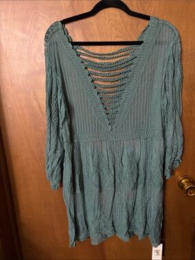 Long Sleeve V-Neck Crochet Detail Dress in Sage Green